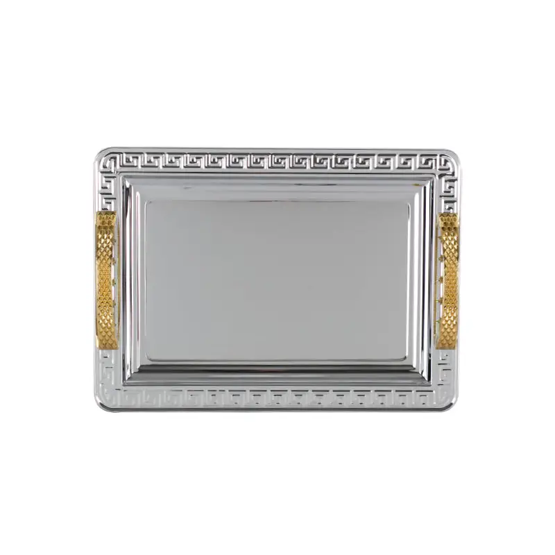 CHROME PLATED IRON RECTANGULAR TRAY WITH GOLD PLATED HANDLE