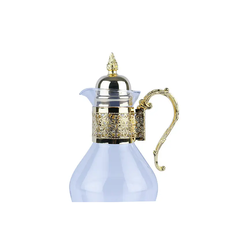 GLASS JUG WITH GOLD PLATED HANDLE AND COVER. - GLASS WARE