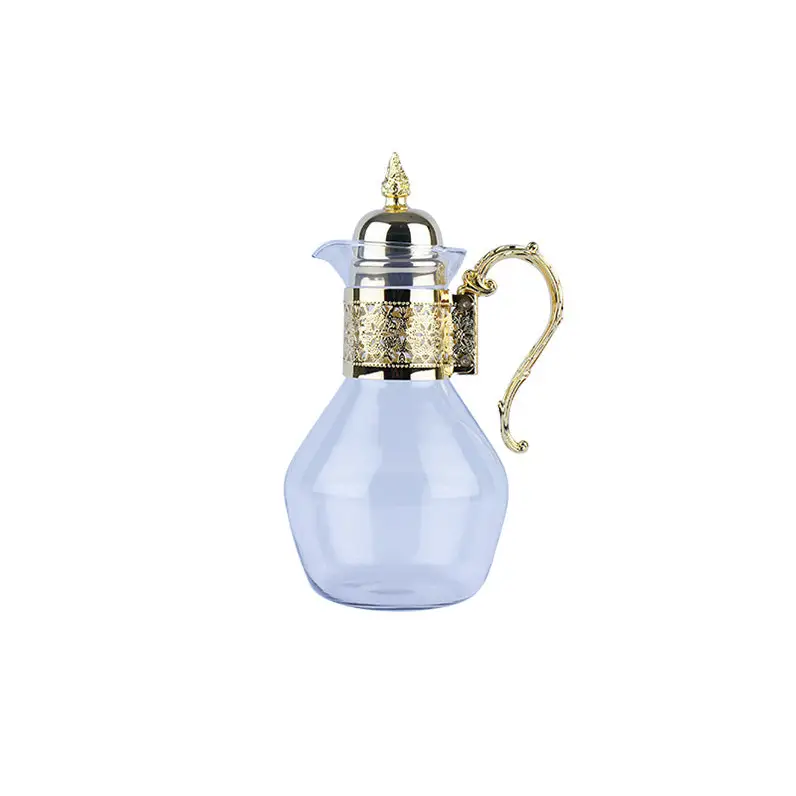 GLASS JUG WITH GOLD PLATED HANDLE AND COVER. - GLASS WARE