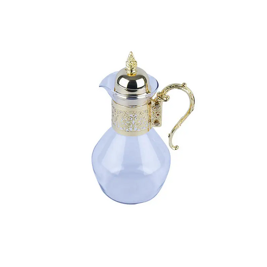 GLASS JUG WITH GOLD PLATED HANDLE AND COVER. - GLASS WARE