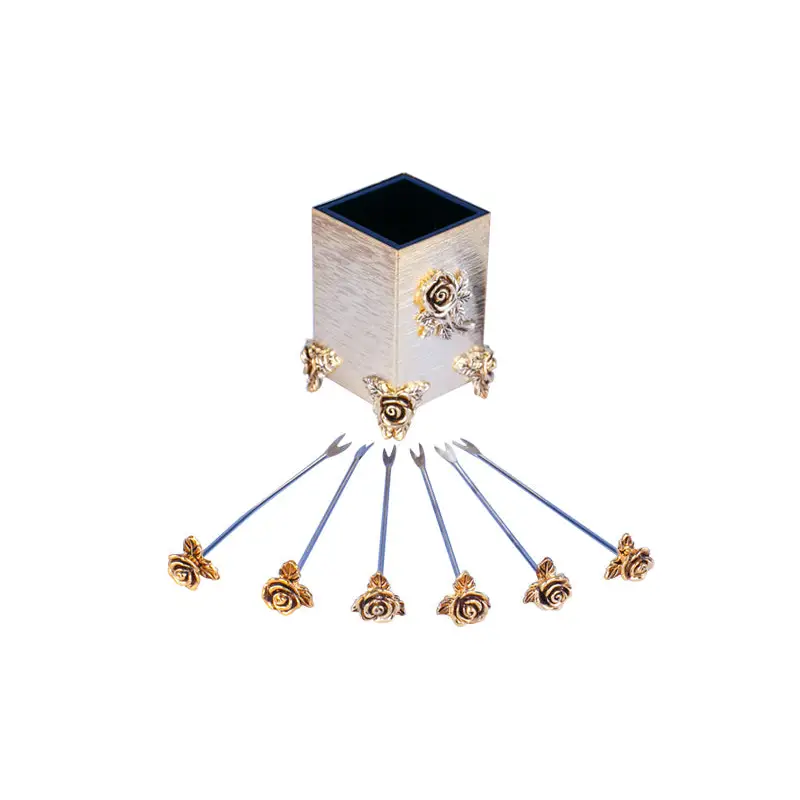 GOLD PLATED 6 PC FRUIT FORK WITH HOLDER - ROSE DESIGN