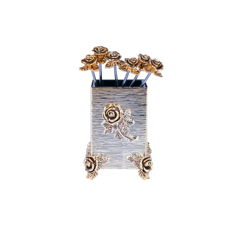 GOLD PLATED 6 PC FRUIT FORK WITH HOLDER - ROSE DESIGN