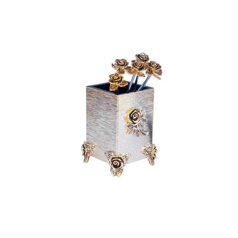 GOLD PLATED 6 PC FRUIT FORK WITH HOLDER - ROSE DESIGN