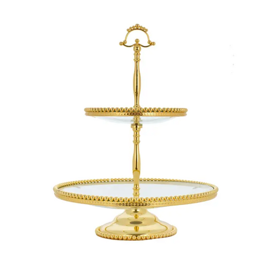 GOLD PLATED FOOTED 2TIER WITH GLASS PLATE - LUXURY