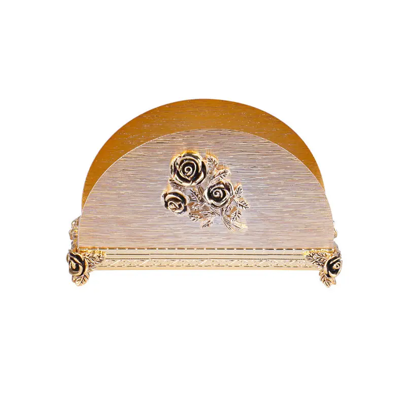 GOLD PLATED HALF ROUND NAPKIN CADDY. - ROSE DESIGN