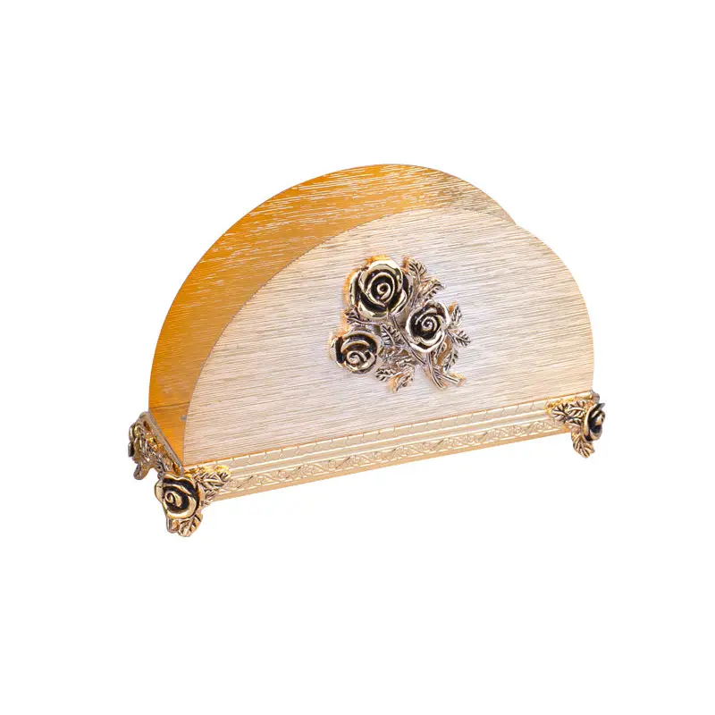 GOLD PLATED HALF ROUND NAPKIN CADDY. - ROSE DESIGN