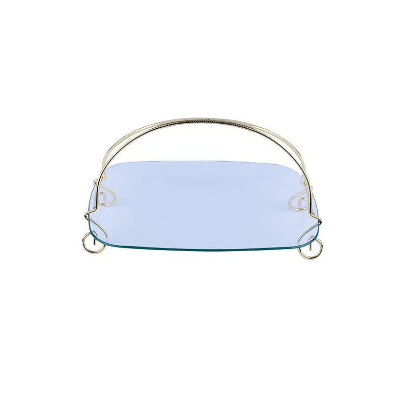 GOLD PLATED METAL RACK HOLDER WITH RECTANGULAR GLASS TRAY. -