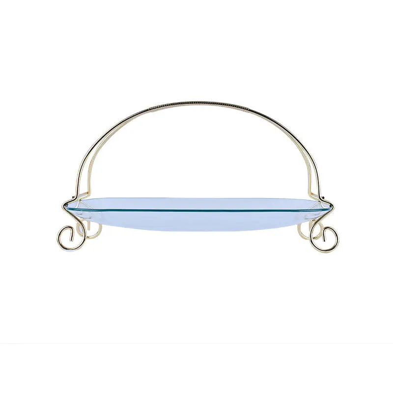 GOLD PLATED METAL RACK HOLDER WITH RECTANGULAR GLASS TRAY. -