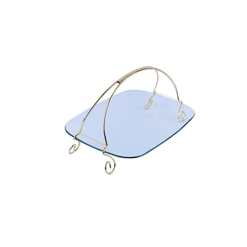 GOLD PLATED METAL RACK HOLDER WITH RECTANGULAR GLASS TRAY. -
