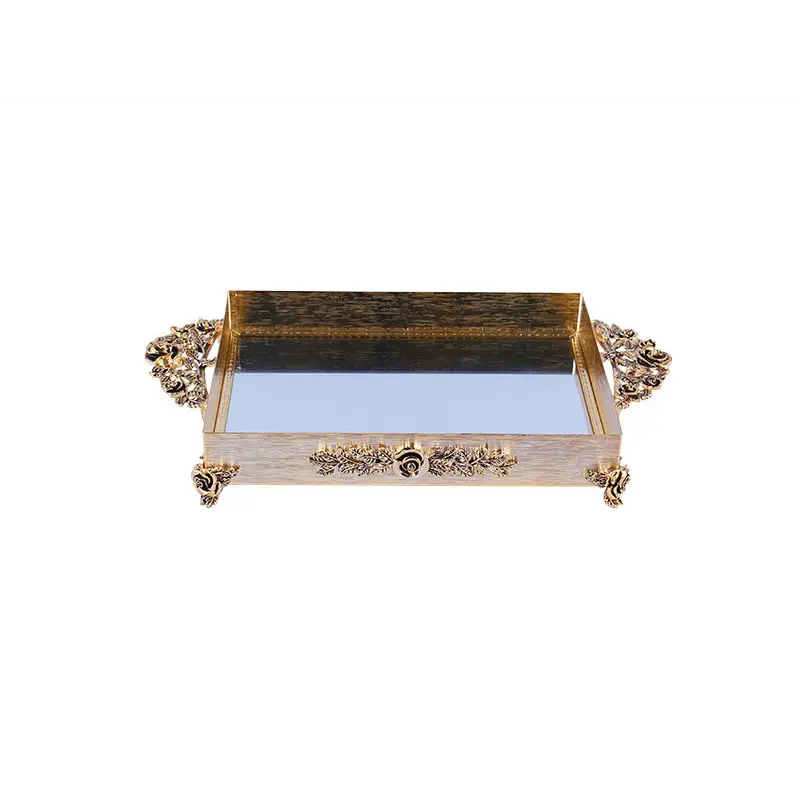 GOLD PLATED RECTANGULAR MIRROR TRAY - ROSE DESIGN