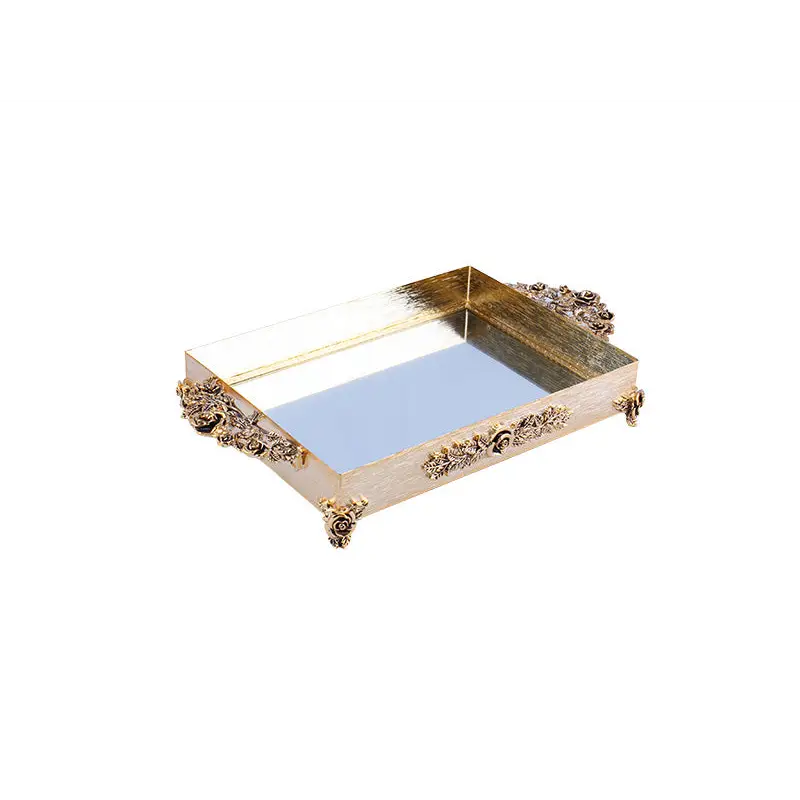 GOLD PLATED RECTANGULAR MIRROR TRAY - ROSE DESIGN