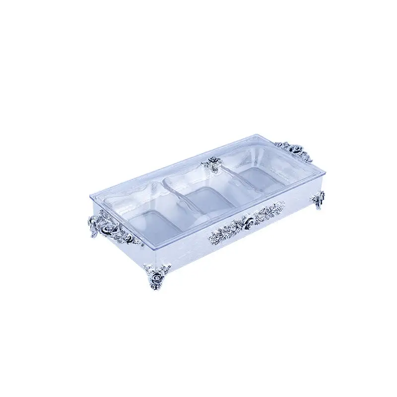 SILVER PLATED 3 PCS SET SNACK TRAY. - ROSE COLLECTION
