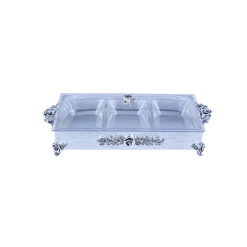 SILVER PLATED 3 PCS SET SNACK TRAY. - ROSE COLLECTION