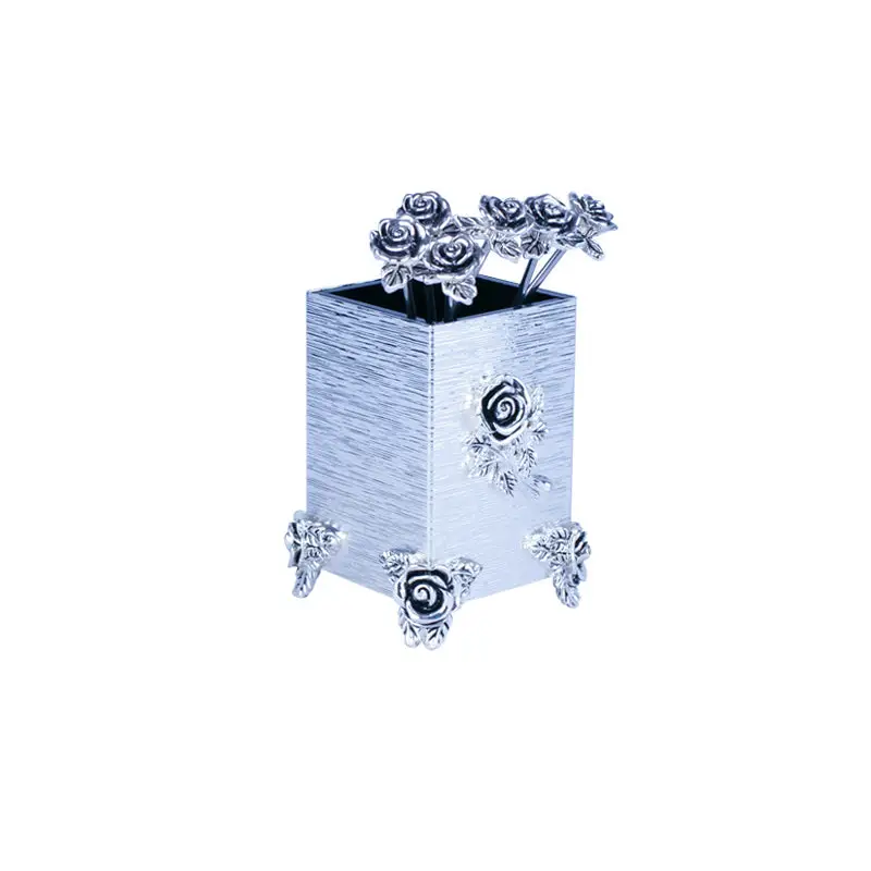 SILVER PLATED 6 PC FRUIT FORK WITH HOLDER - ROSE DESIGN