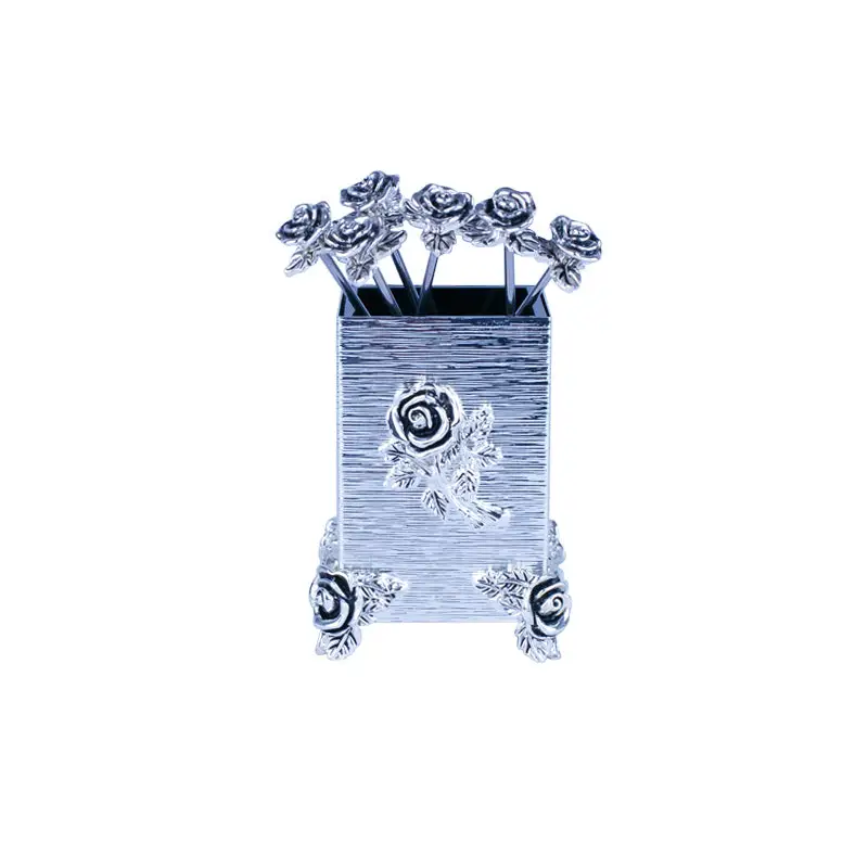 SILVER PLATED 6 PC FRUIT FORK WITH HOLDER - ROSE DESIGN
