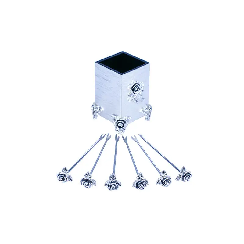 SILVER PLATED 6 PC FRUIT FORK WITH HOLDER - ROSE DESIGN