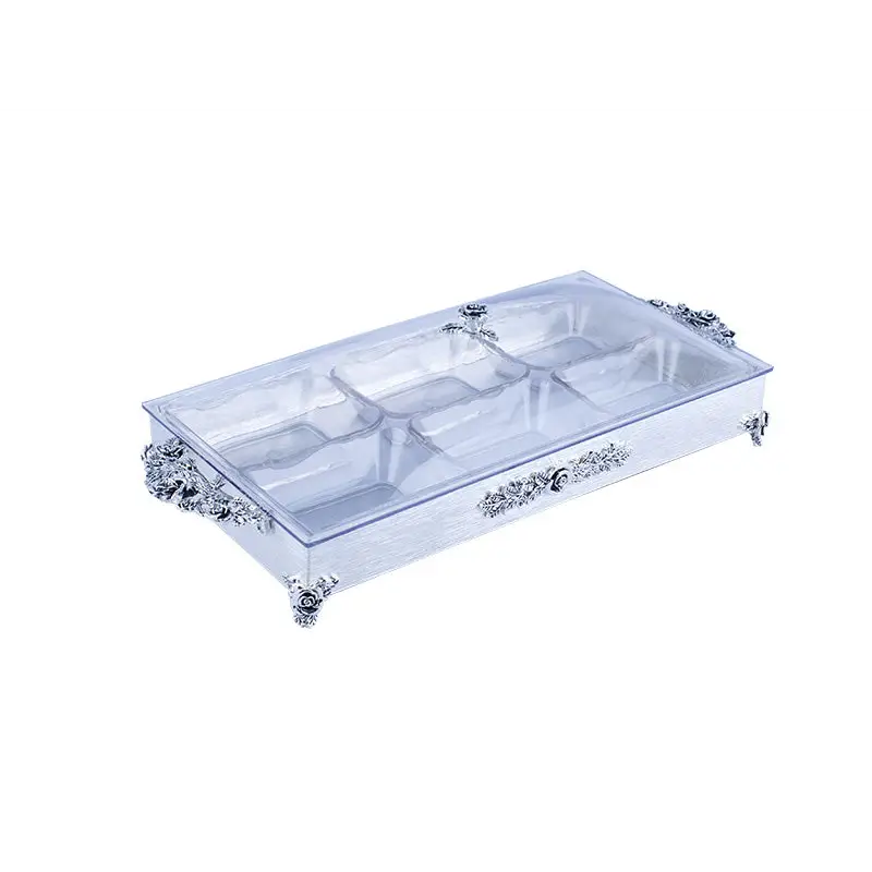 SILVER PLATED 6 PCS SET SNACK TRAY. - ROSE DESIGN