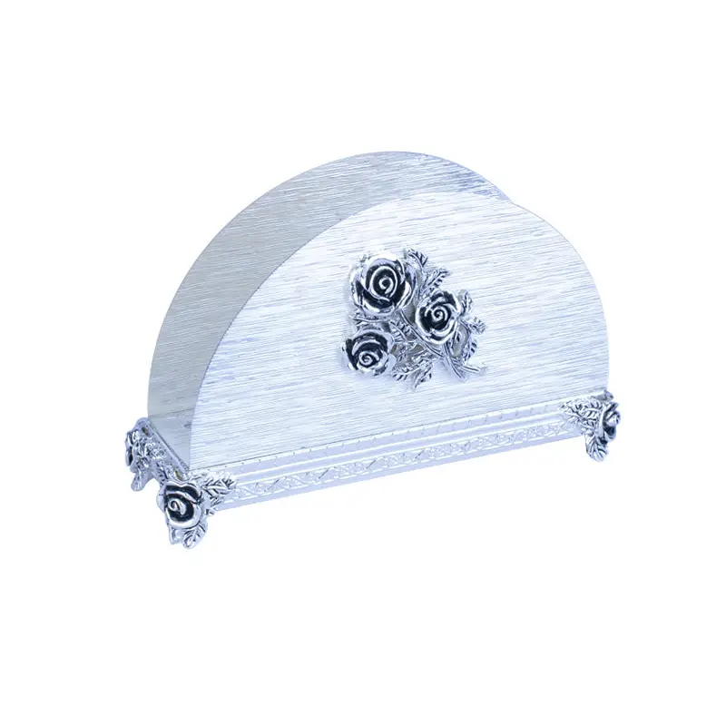 SILVER PLATED HALF ROUND NAPKIN CADDY - ROSE DESIGN