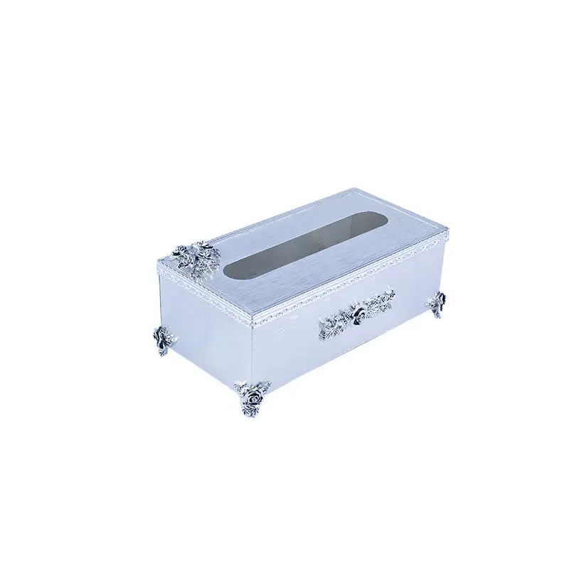 SILVER PLATED METAL RECTANGULAR TISSUE BOX - ROSE COLLECTION