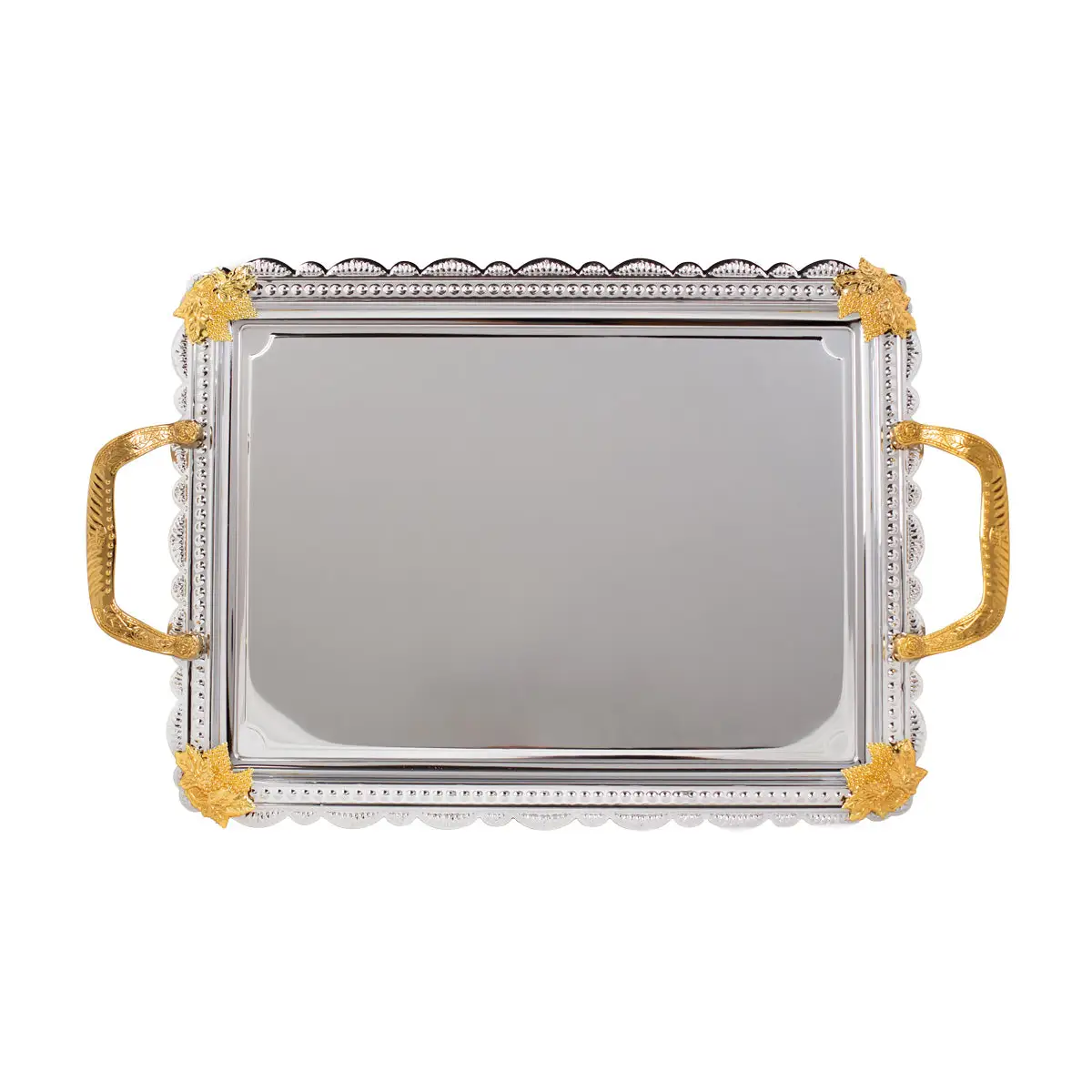 CHROME PLATED IRON RECT TRAY WITH GOLD HANDLE - TRAY