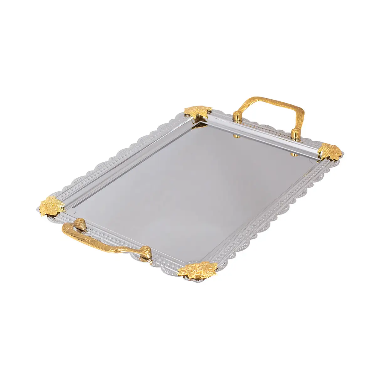 CHROME PLATED IRON RECT TRAY WITH GOLD HANDLE - TRAY