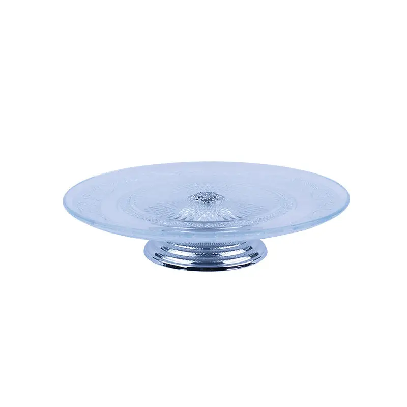 CHROME PLATED ROUND GLASS CAKE PLATE WITH SERVER. - GLASS