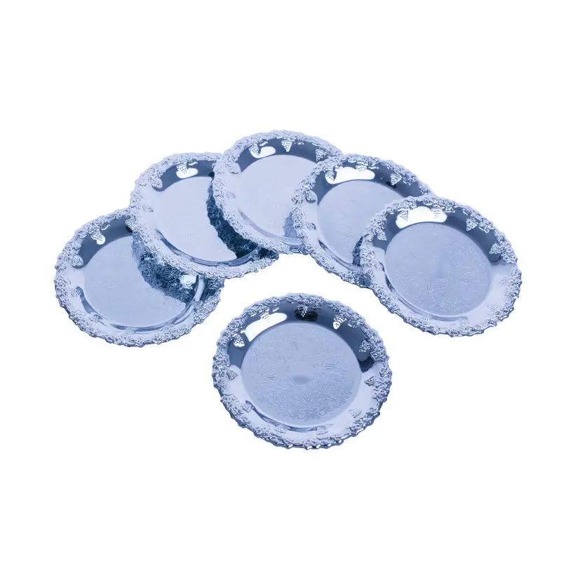 CHROME PLATED ROUND IRON COASTERS. 6 PCS / SET - TRAY