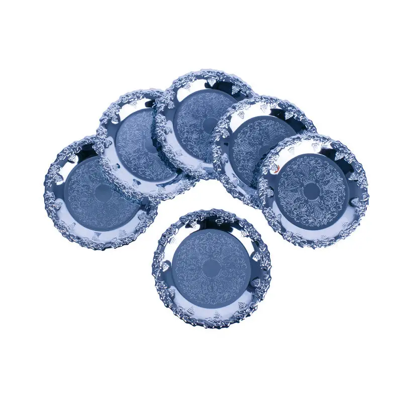 CHROME PLATED ROUND IRON COASTERS. 6 PCS / SET - TRAY