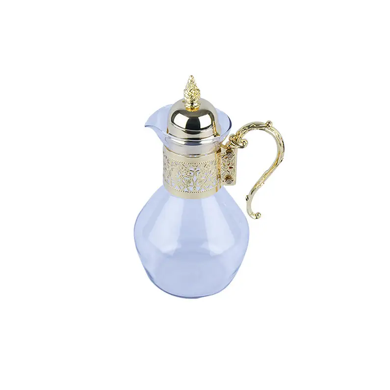 GLASS JUG WITH GOLD PLATED HANDLE AND COVER. - GLASS WARE