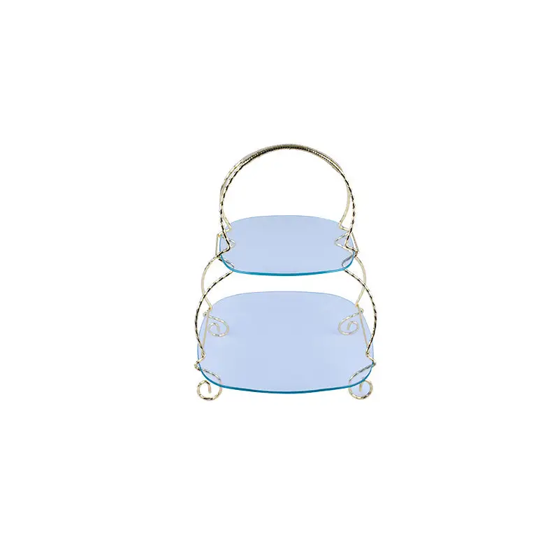 GOLD PLATED 2 TIER RACK WITH SQUARE GLASS TRAY. GLASS WARE