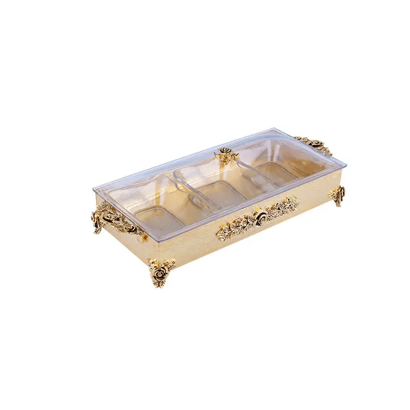 GOLD PLATED 3 PCS SET SNACK TRAY. - ROSE COLLECTION