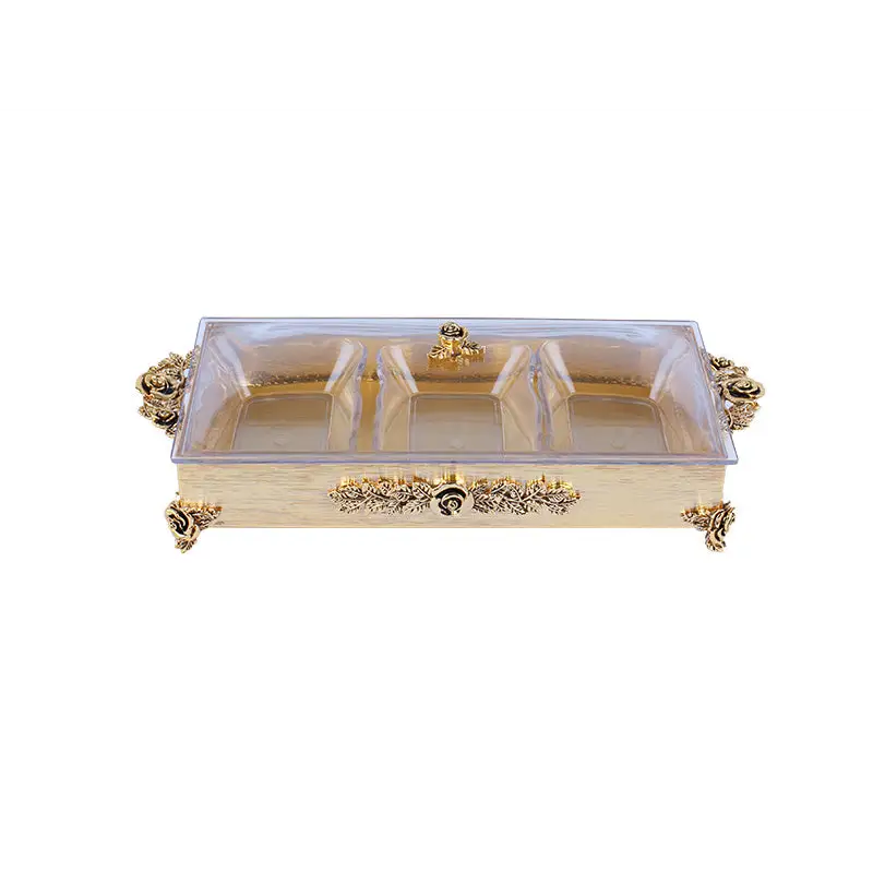 GOLD PLATED 3 PCS SET SNACK TRAY. - ROSE COLLECTION