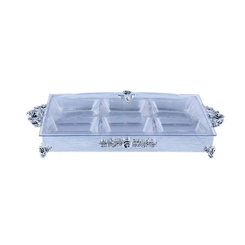 SILVER PLATED 6 PCS SET SNACK TRAY. - ROSE DESIGN