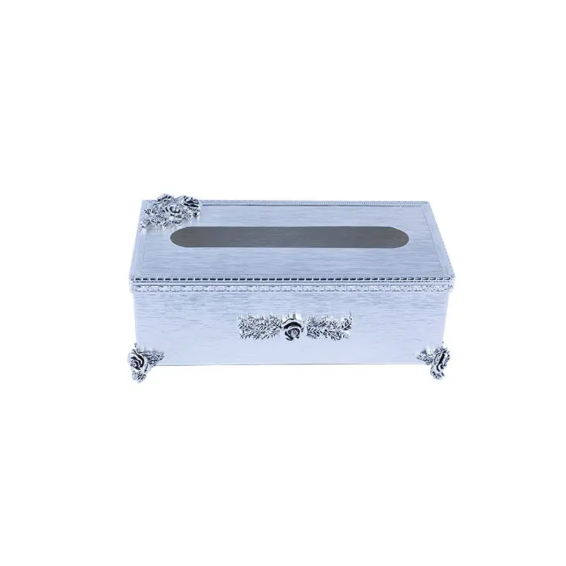 SILVER PLATED METAL RECTANGULAR TISSUE BOX - ROSE COLLECTION