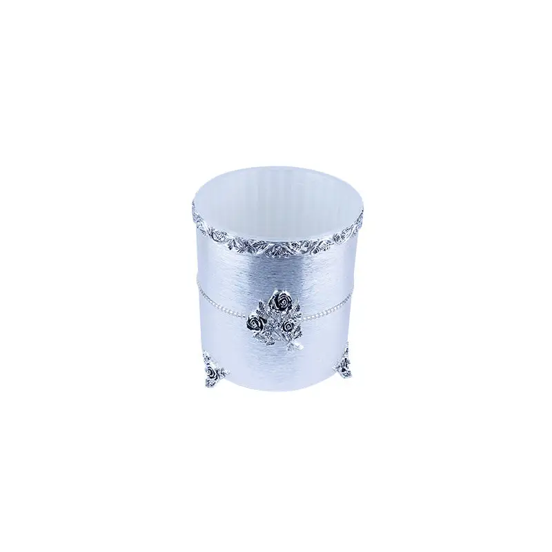 SILVER PLATED METAL ROUND-SHAPE WASTE BIN - ROSE COLLECTION